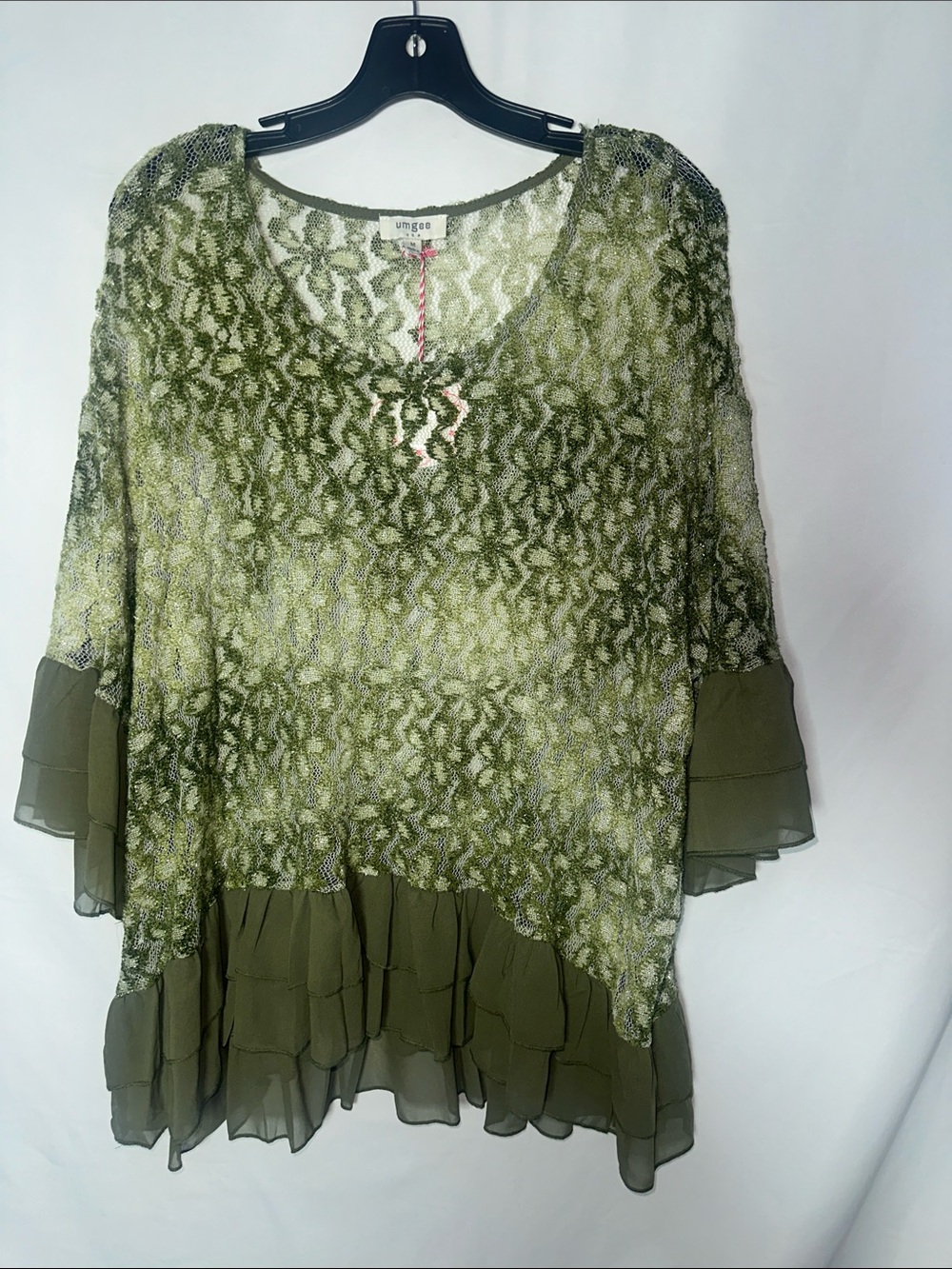 Umgee Olive Green Lace Overlay Ruffle sleeves & Hem Tunic